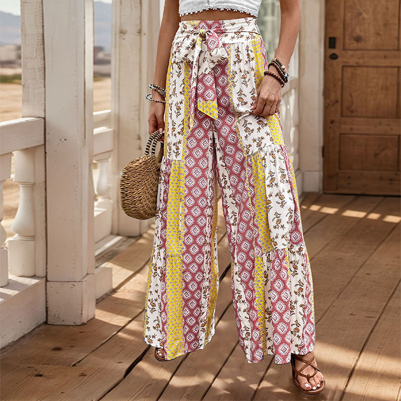 Pantalon Femme Décontracté à Imprimé Floral Taille Haute