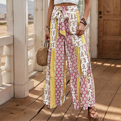 Pantalon Femme Décontracté à Imprimé Floral Taille Haute