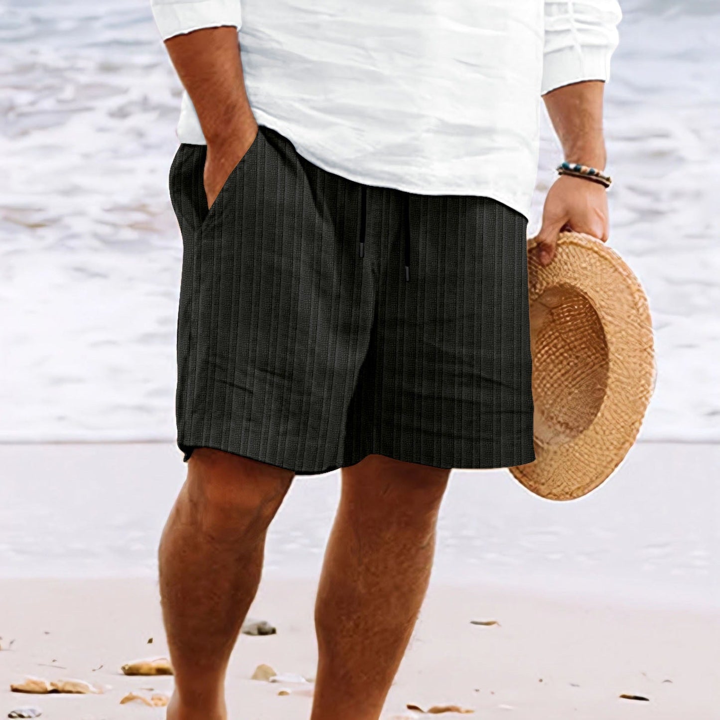 Short de Bain Homme Blanc Rayé Élastique Sport