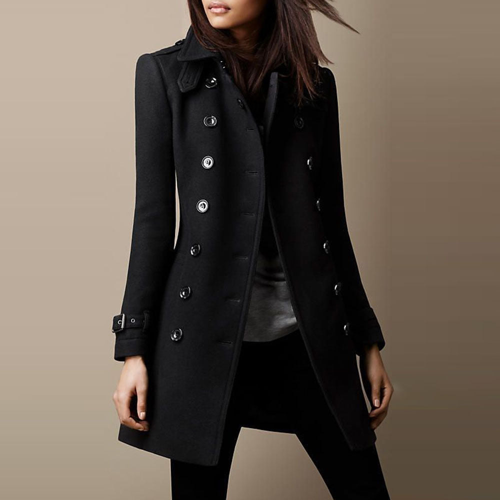 Trench Coat Femme Long Double Boutonnage Coupe Ajustée Mi-Saison