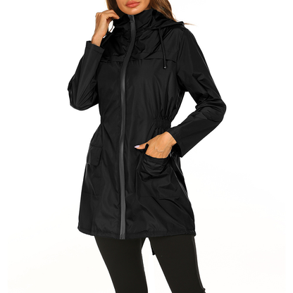 Veste imperméable femme longue avec capuche et manches ajustables