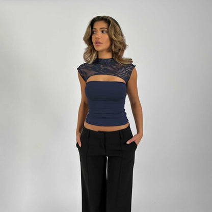 Blouse Femme Été - Top Dentelle Ajusté Manches Courtes