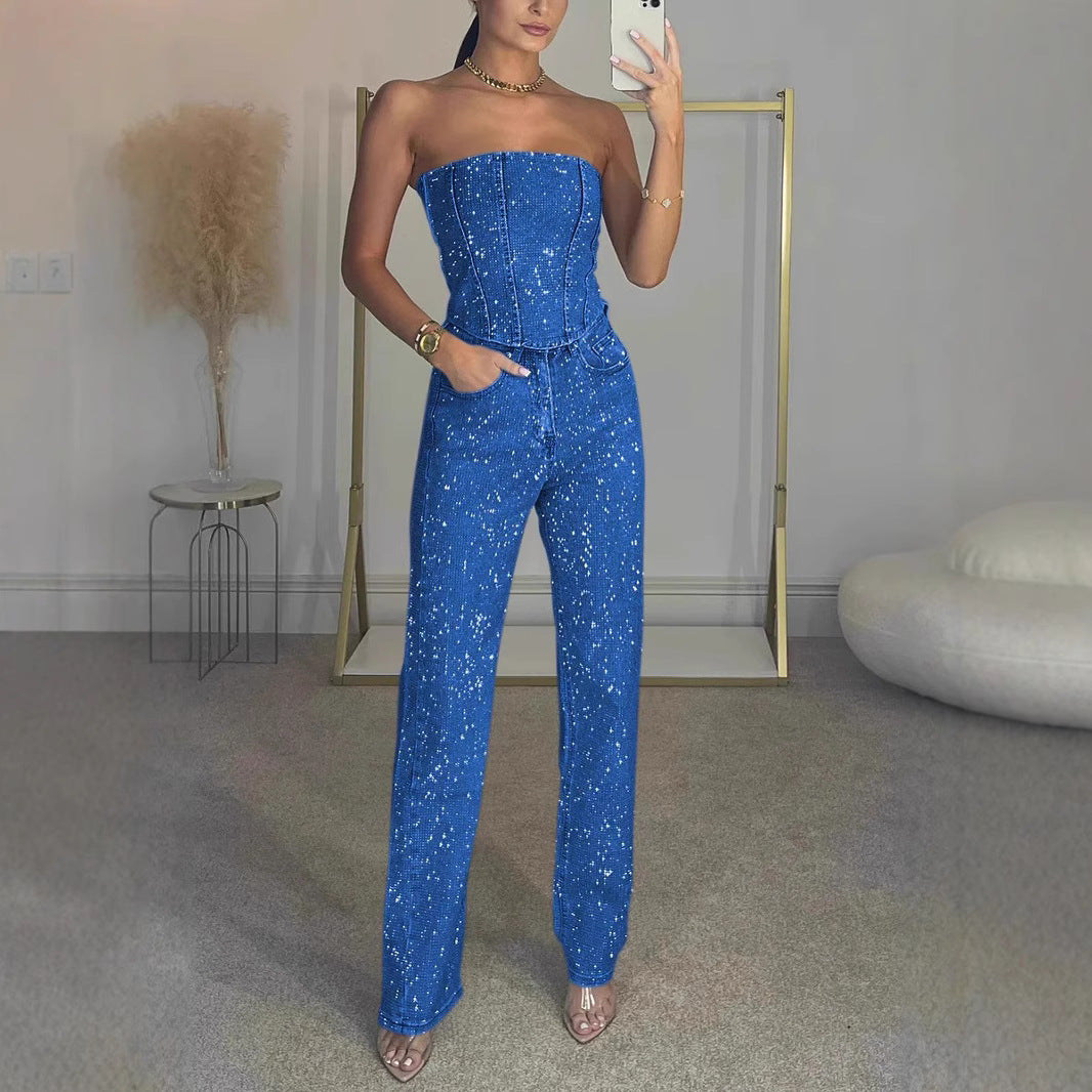 Combinaison Denim Féminine sans Bretelles
