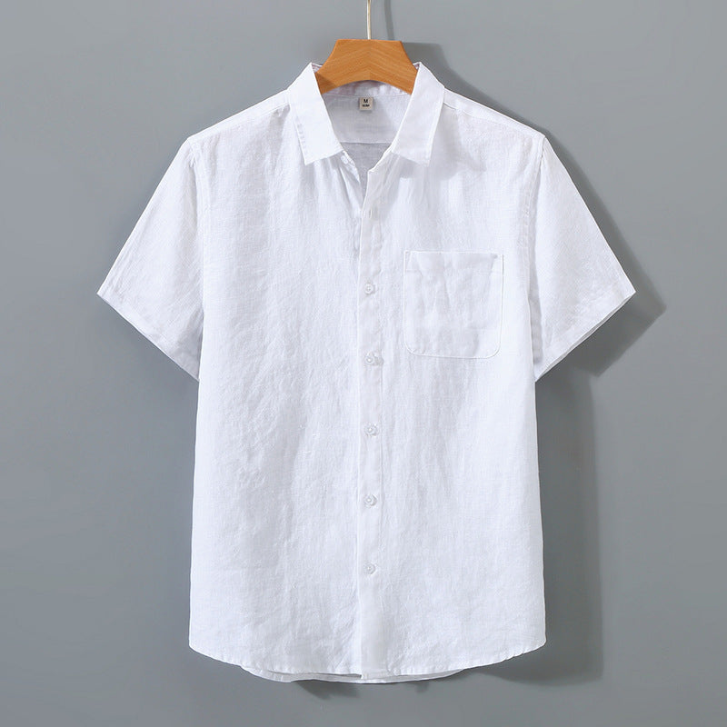 Chemise Homme Lin Coton Court Manches avec Poche Poitrine