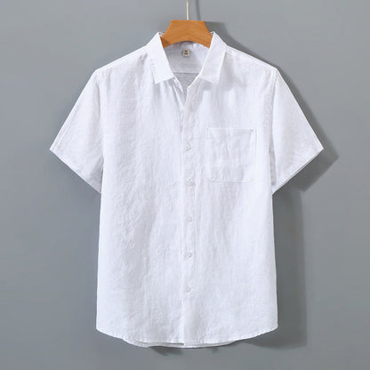 Chemise Homme Lin Coton Court Manches avec Poche Poitrine