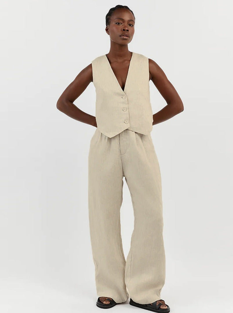 Costume Lin Élégant avec Veste et Pantalon Large