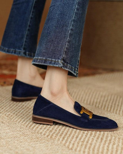 Mocassin Femme Cuir Velours à Boucle Or