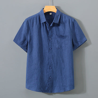 Chemise Homme Lin Coton Court Manches avec Poche Poitrine
