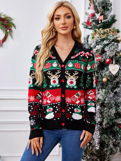 Gilet Femme Hiver Tricoté – Cardigan Élégant Col V avec Boutons et Motifs Hivernaux