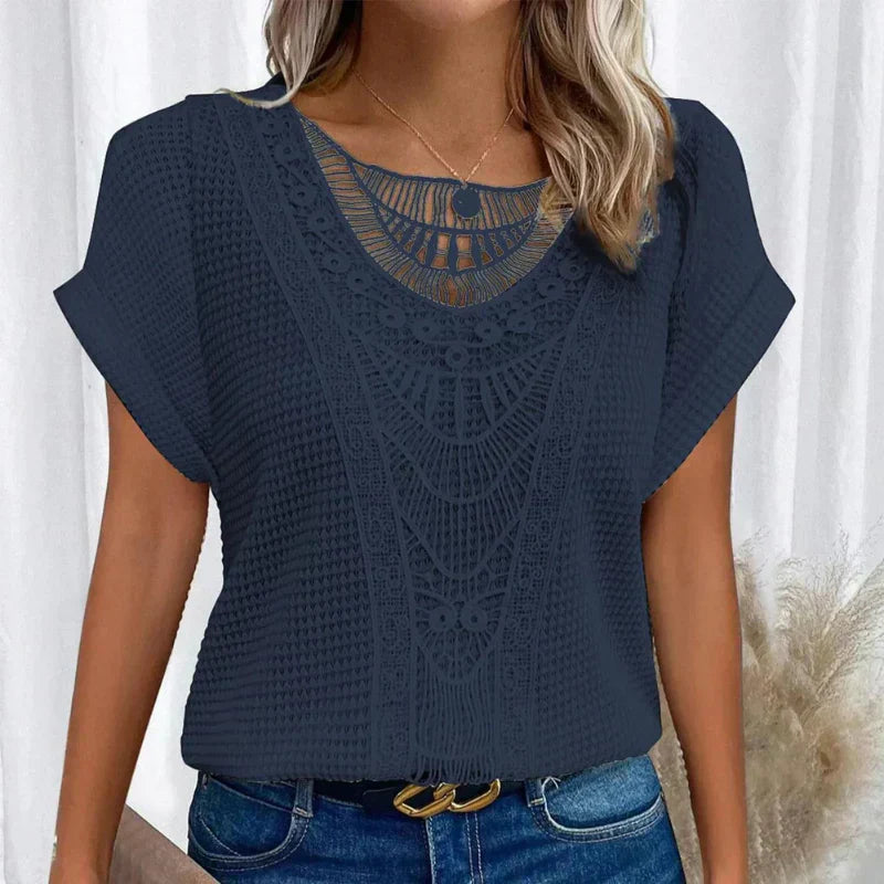 Top en Dentelle Blanc Brodé Manches Courtes Féminin