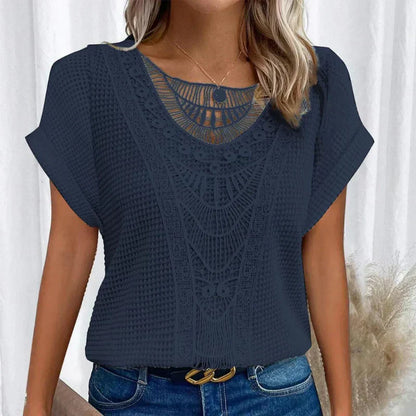 Top en Dentelle Blanc Brodé Manches Courtes Féminin