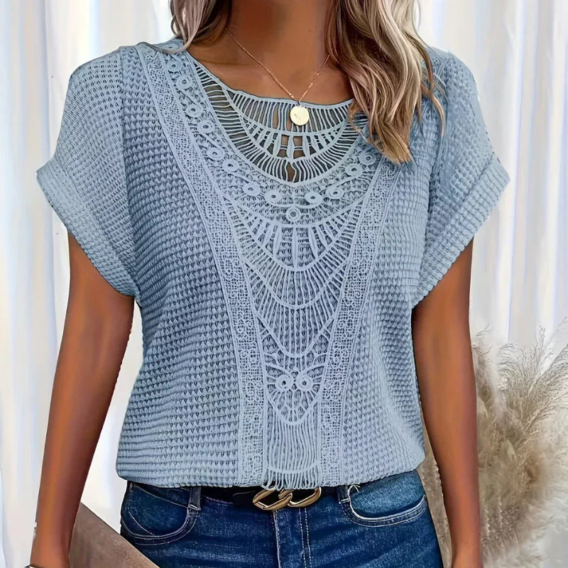Top en Dentelle Blanc Brodé Manches Courtes Féminin