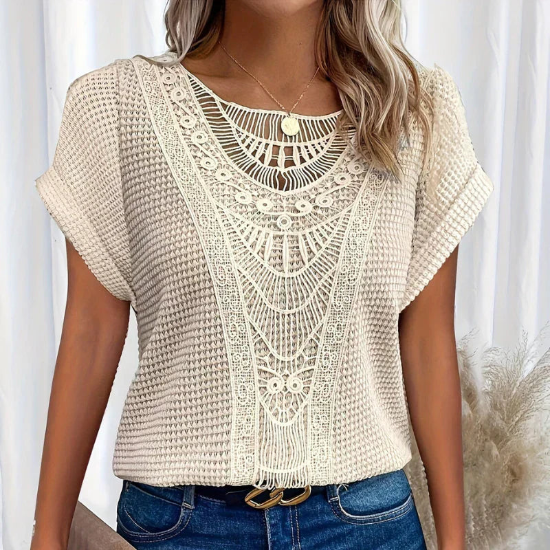 Top en Dentelle Blanc Brodé Manches Courtes Féminin - PanierRoyale