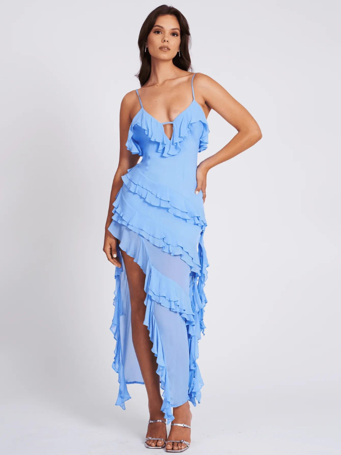 Robe Longue Femme à Bretelles Fines et Fente Élevée