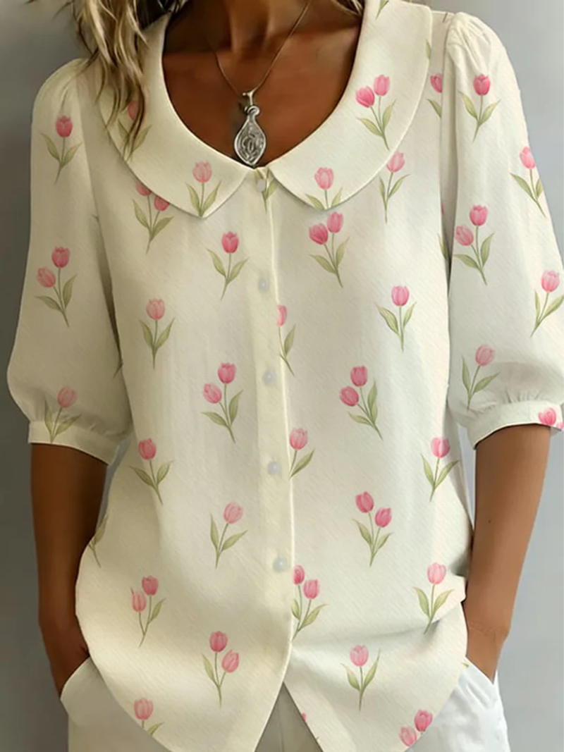 Blouse Femme Imprimé Floral Col Rond Boutonnée Coupe Confortable - PanierRoyale