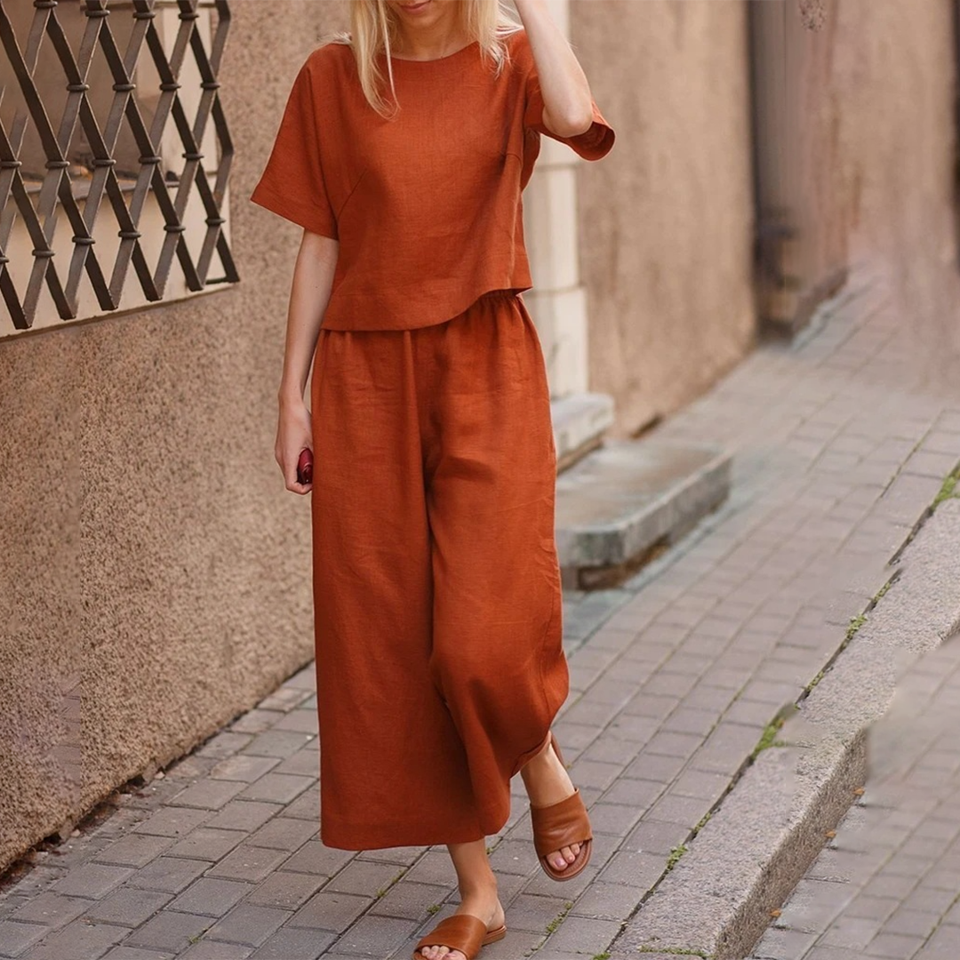 Ensemble Été 2 Pièces pour Femme : Haut Manches Courtes et Pantalon Linéaire Léger