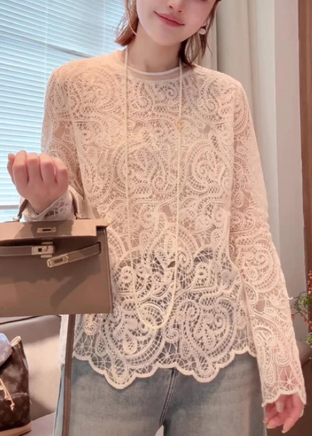 Casual Beige Round Neck Lace Trim Tee, Spring - EasyApparels