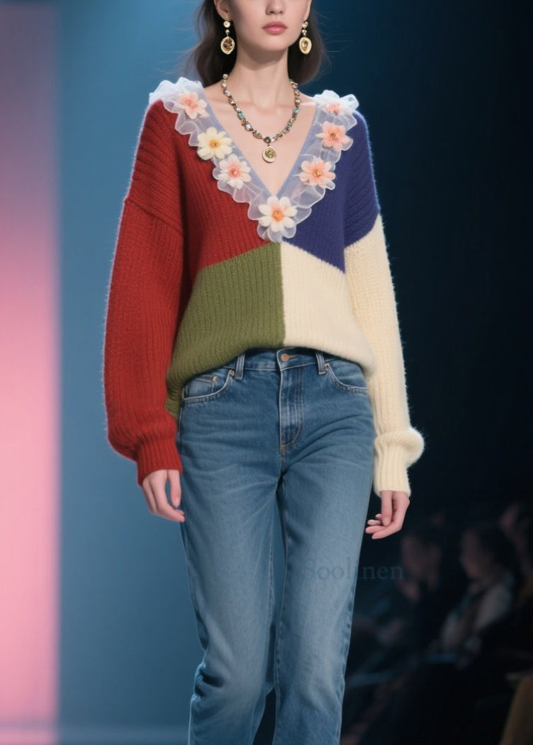 Tricot Floral Col V Doux et Écologique Automne - EasyApparels