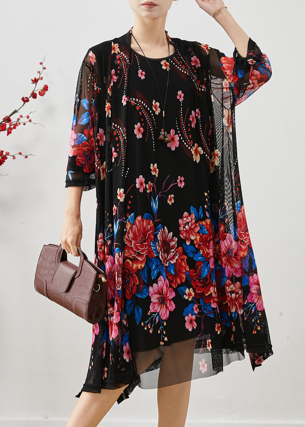 Robe deux pièces légère imprimée rouge pour femme été - EasyApparels