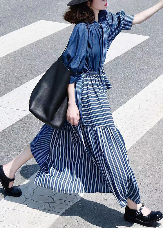 Robe décontractée bleu patchwork pour femme été - EasyApparels