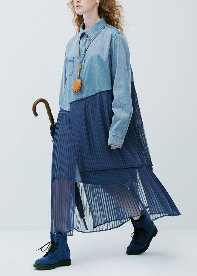 Denim Chemise Robe Patchwork Blue Peter Pan Collar - EasyApparels