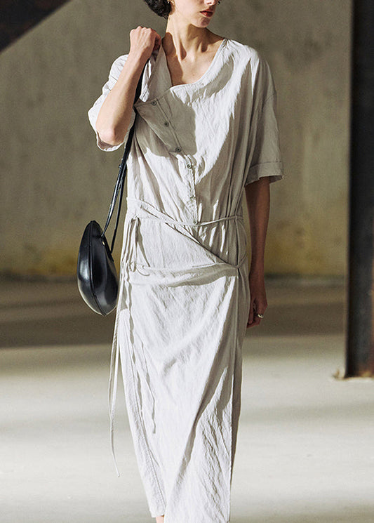 Robe d'été en coton gris décontractée à nouer - EasyApparels