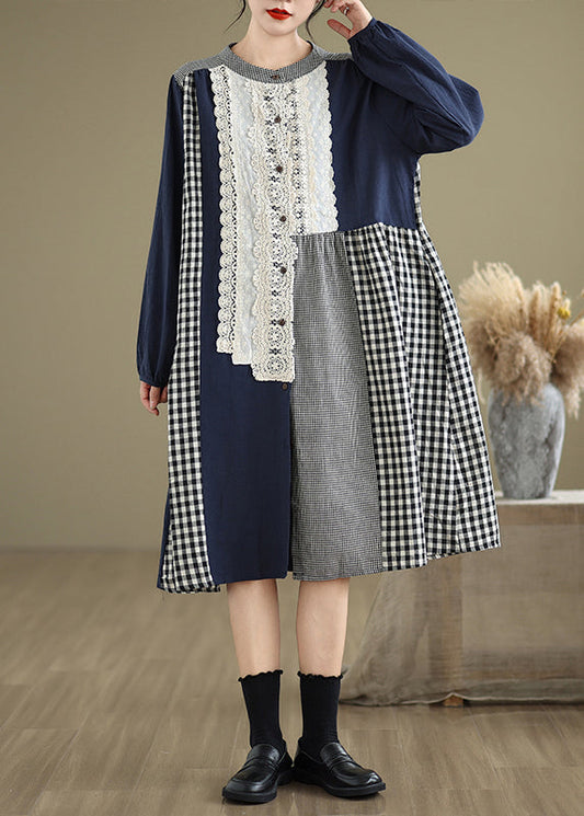 Robe longue colorée à carreaux et col rond en dentelle pour femmes - EasyApparels