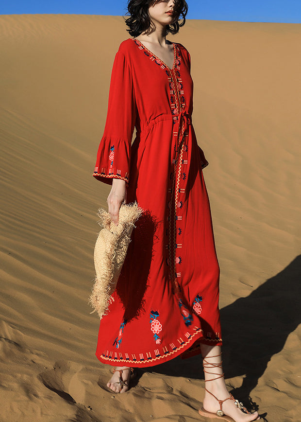 Robe de coton rouge élégante à nouer taille haute - EasyApparels