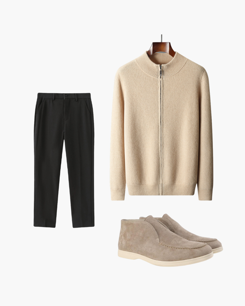 Cardigan Kaschmir 3 Pièces : Gilet, Pantalon et Bottes Cuir - BerlinGlamour