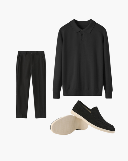 Tenue Homme Noir Complète : Polo Manches Longues, Pantalon et Chaussures en Cuir - BerlinGlamour