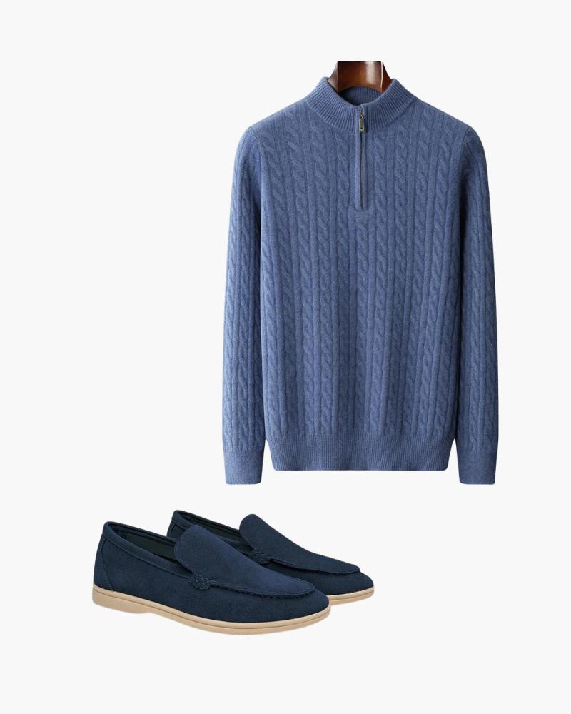 Pull en Maille Bleu Marine et Chaussures en Cuir Mocha Ensemble 2 Pièces - BerlinGlamour