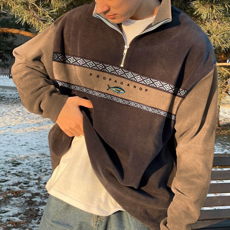Pull Homme Sweat Fleece Doux Coupe Demi-Zip