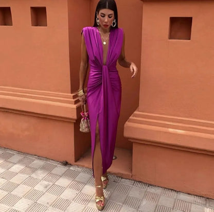 Robe longue Femme Drapée Col en V Sans Manches Fente Soirée
