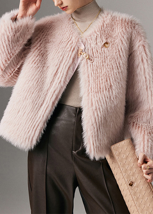 Manteau hiver cuir et fourrure rose doux à fermeture éclair - EasyApparels