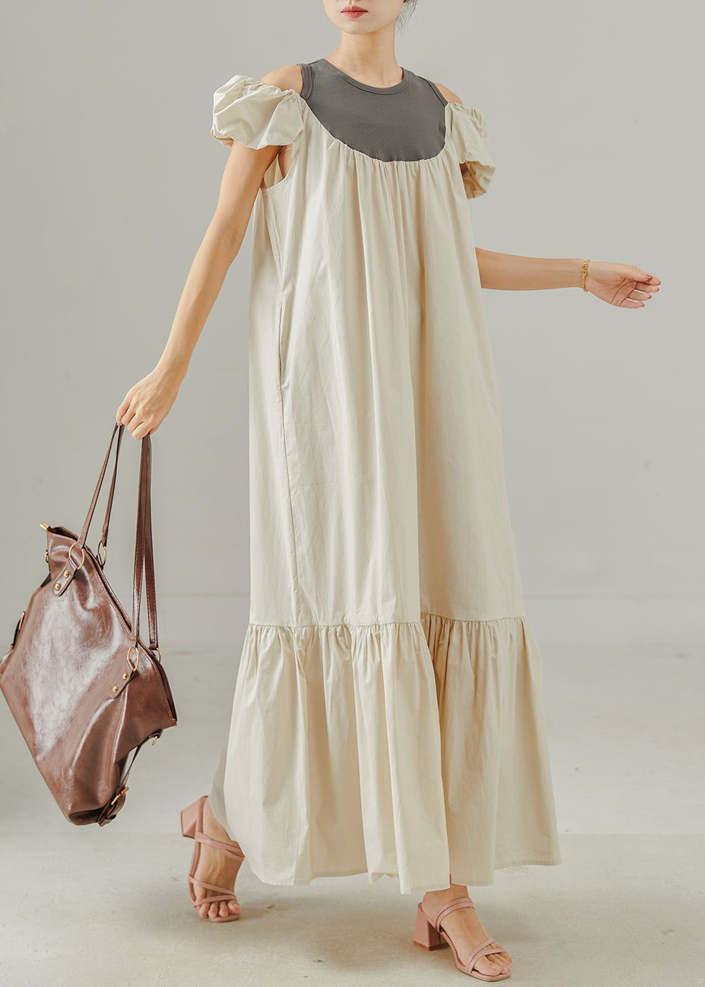 Robe d'été femme coton patchwork épaules découvertes - EasyApparels