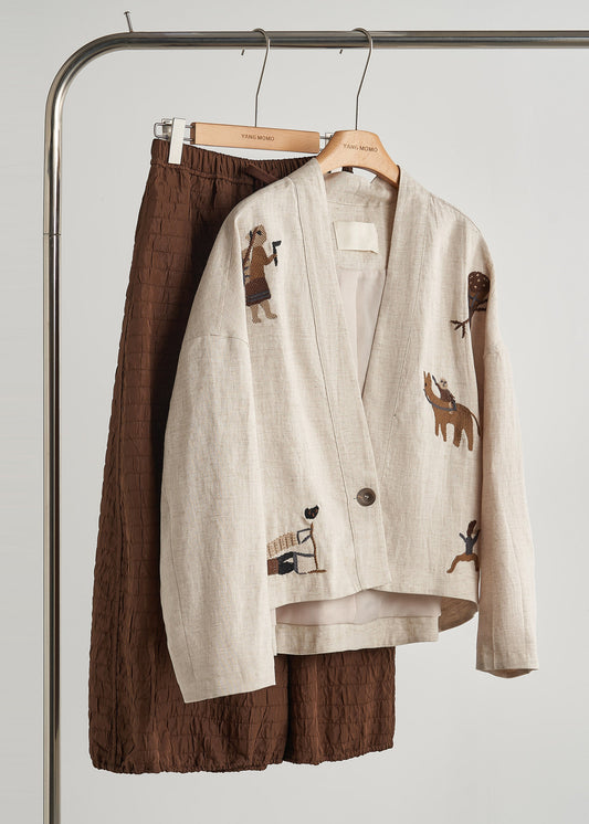 Large Linen Embroidered Beige Coat Autumn - EasyApparels