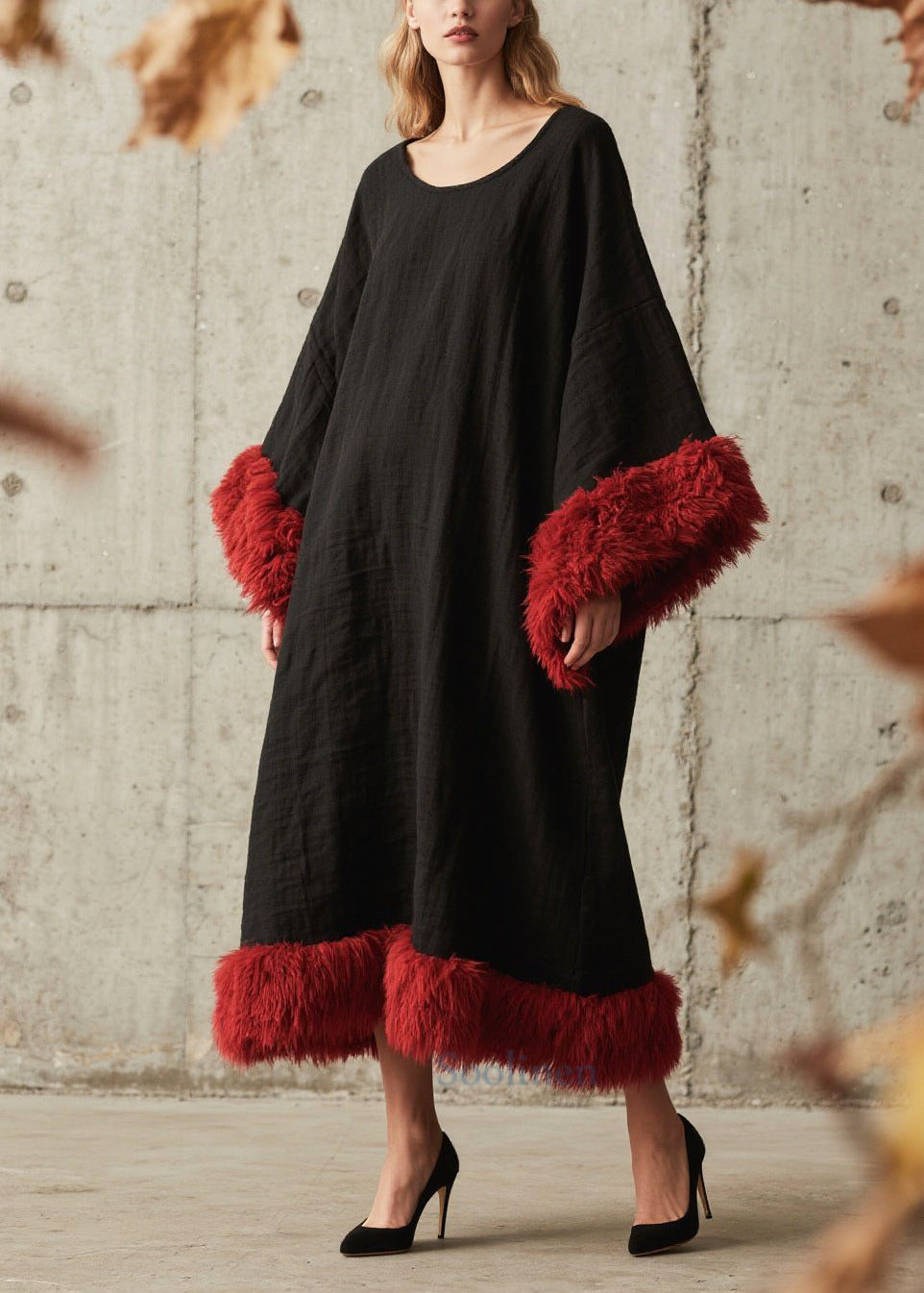 Longue Robe épaisse noire en fausse fourrure pour femme - EasyApparels