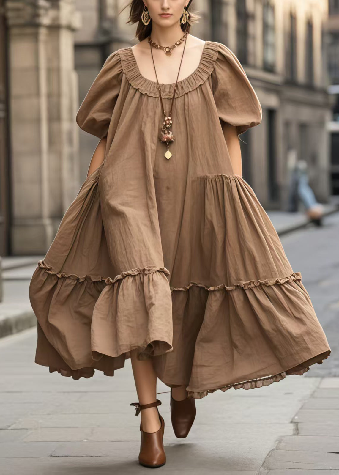Robe de plage oversized brune à manches bouffantes - EasyApparels