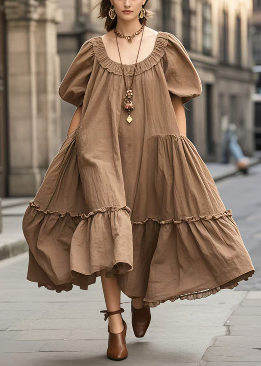 Robe de plage oversized brune à manches bouffantes - EasyApparels