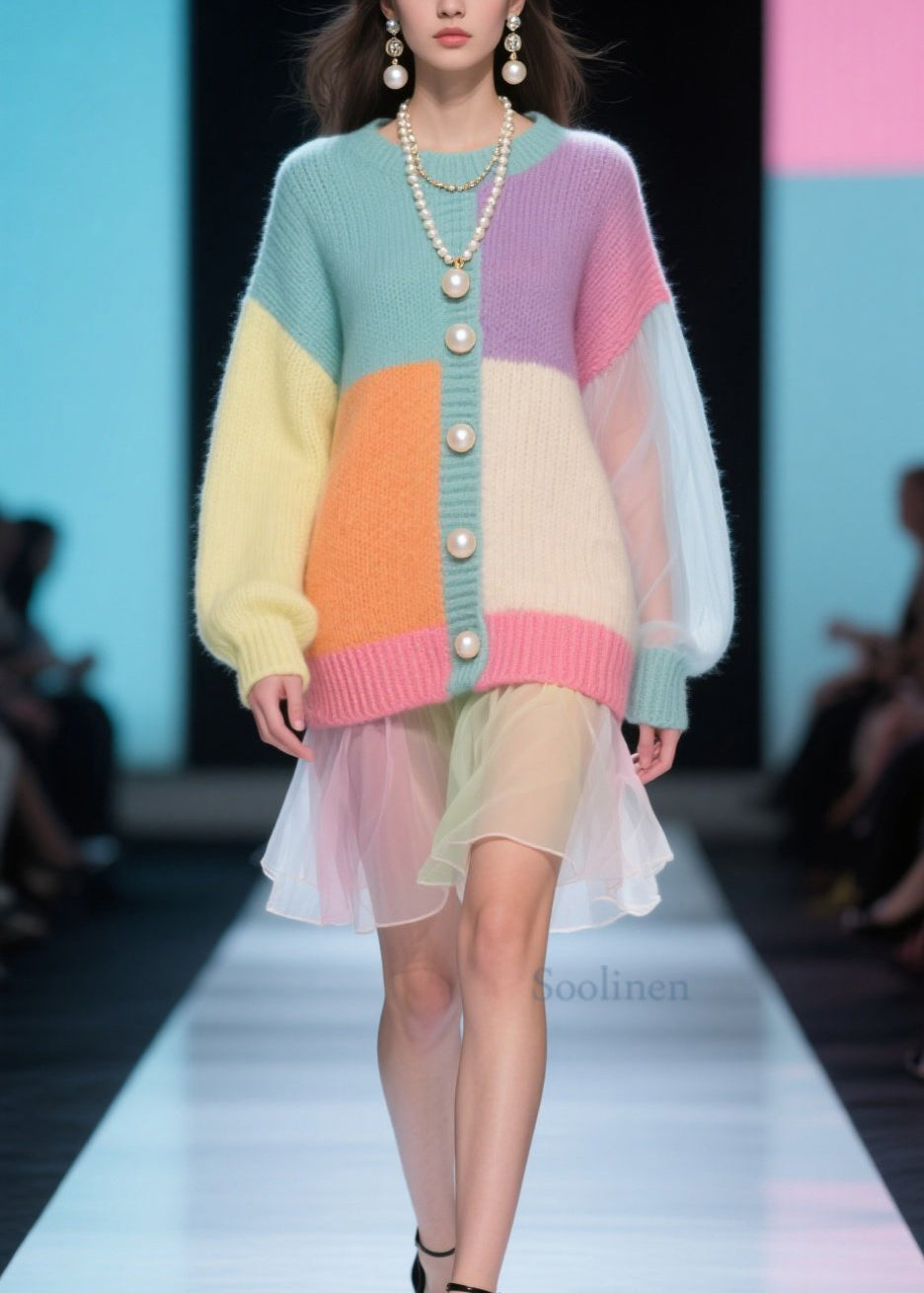 Robe patchwork tulle col rond grande taille automne - EasyApparels