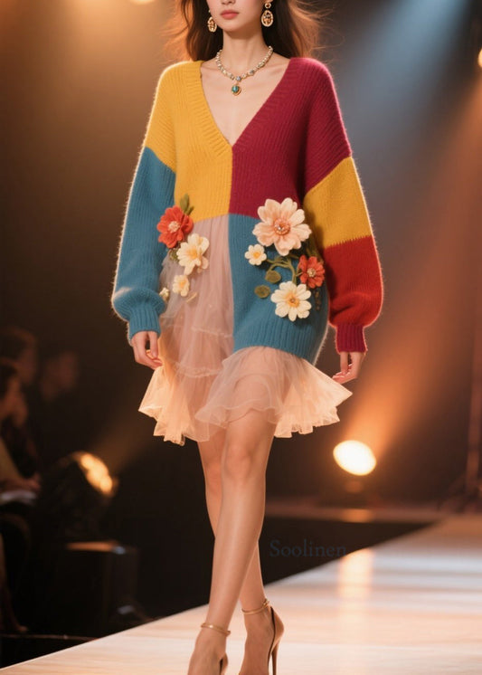 Robe douce en tricot imprimé à col V et motifs colorés taille grande - EasyApparels