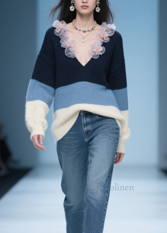 Pull en tricot doux à col en V et motifs colorés taille grande pour femme - EasyApparels