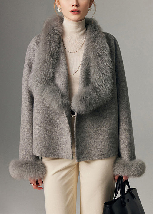 Grey Oversized Winter Gilet with Fox Fur and Wool - EasyApparels
