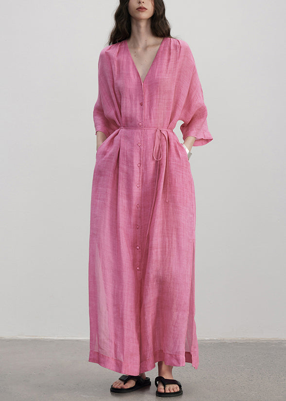 Rose Linen Summer Robe Large Size V Neck Pocketed - EasyApparels