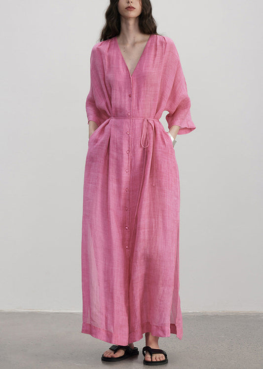 Rose Linen Summer Robe Large Size V Neck Pocketed - EasyApparels
