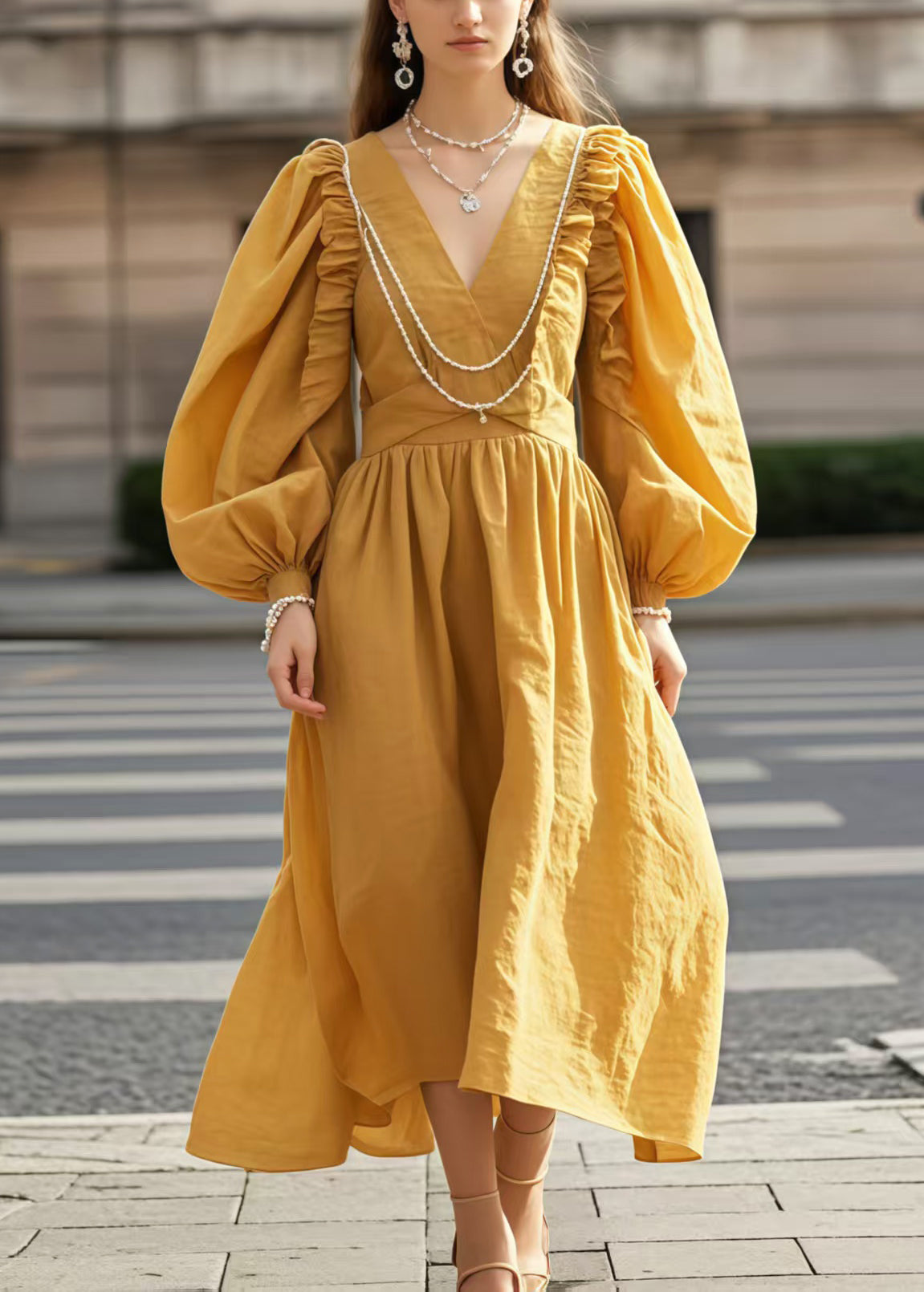 Robe de soirée jaune grande taille en coton doux à col en V et manches bouffantes - EasyApparels