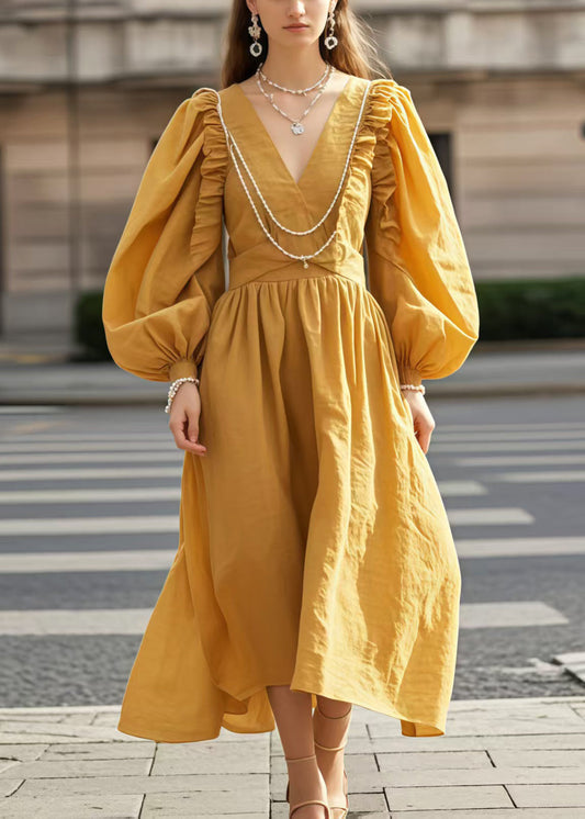 Robe de soirée jaune grande taille en coton doux à col en V et manches bouffantes - EasyApparels