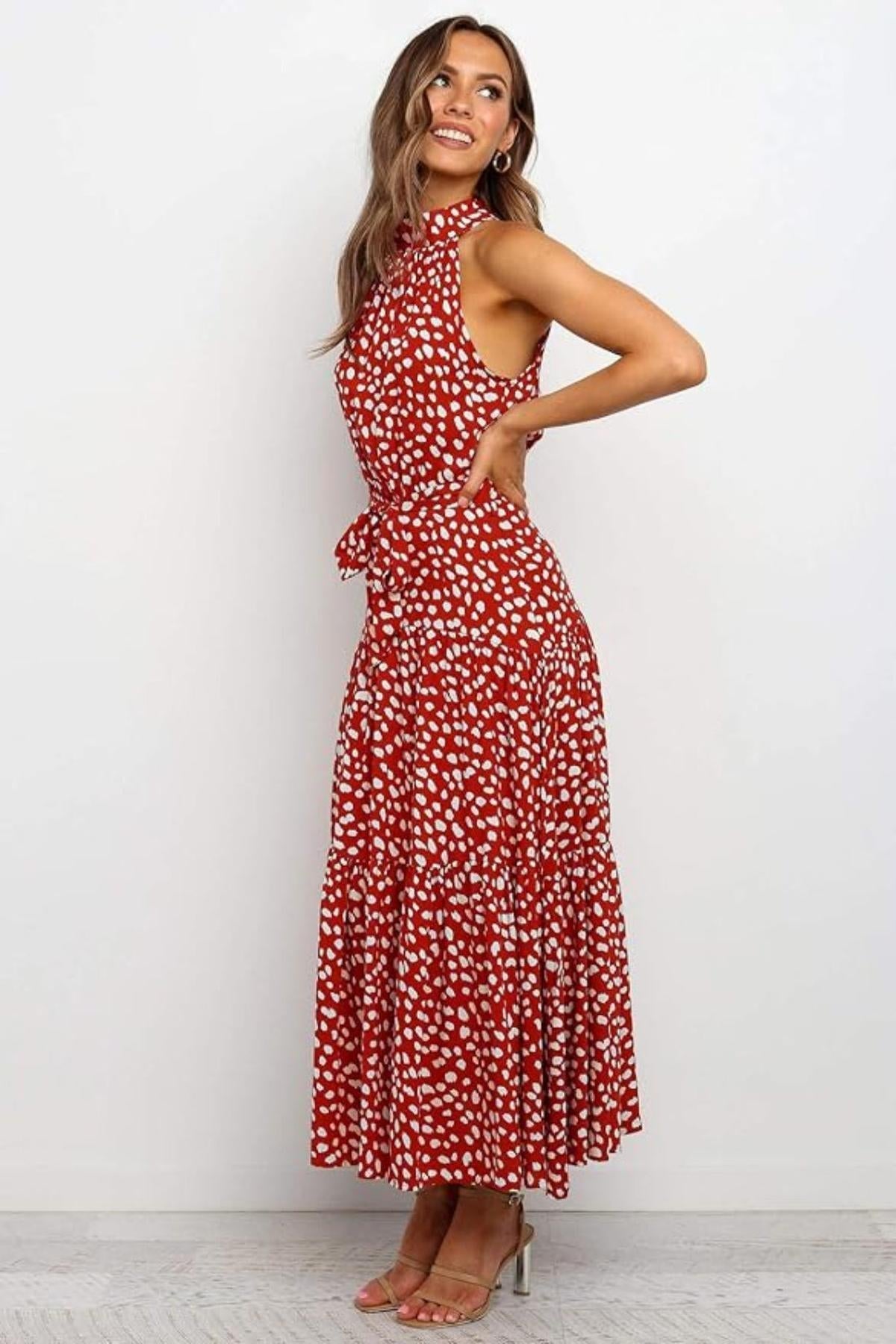 Robe Femme Longue imprimée avec col en ruban et ceinture taille