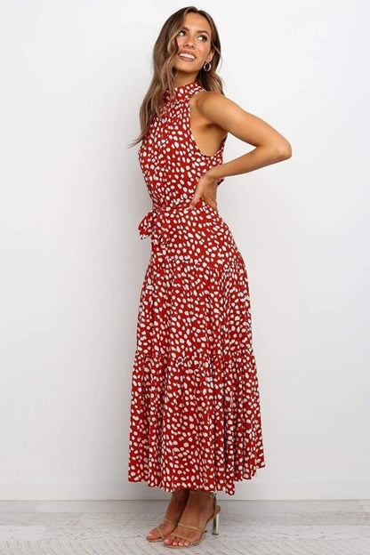 Robe Femme Longue imprimée avec col en ruban et ceinture taille