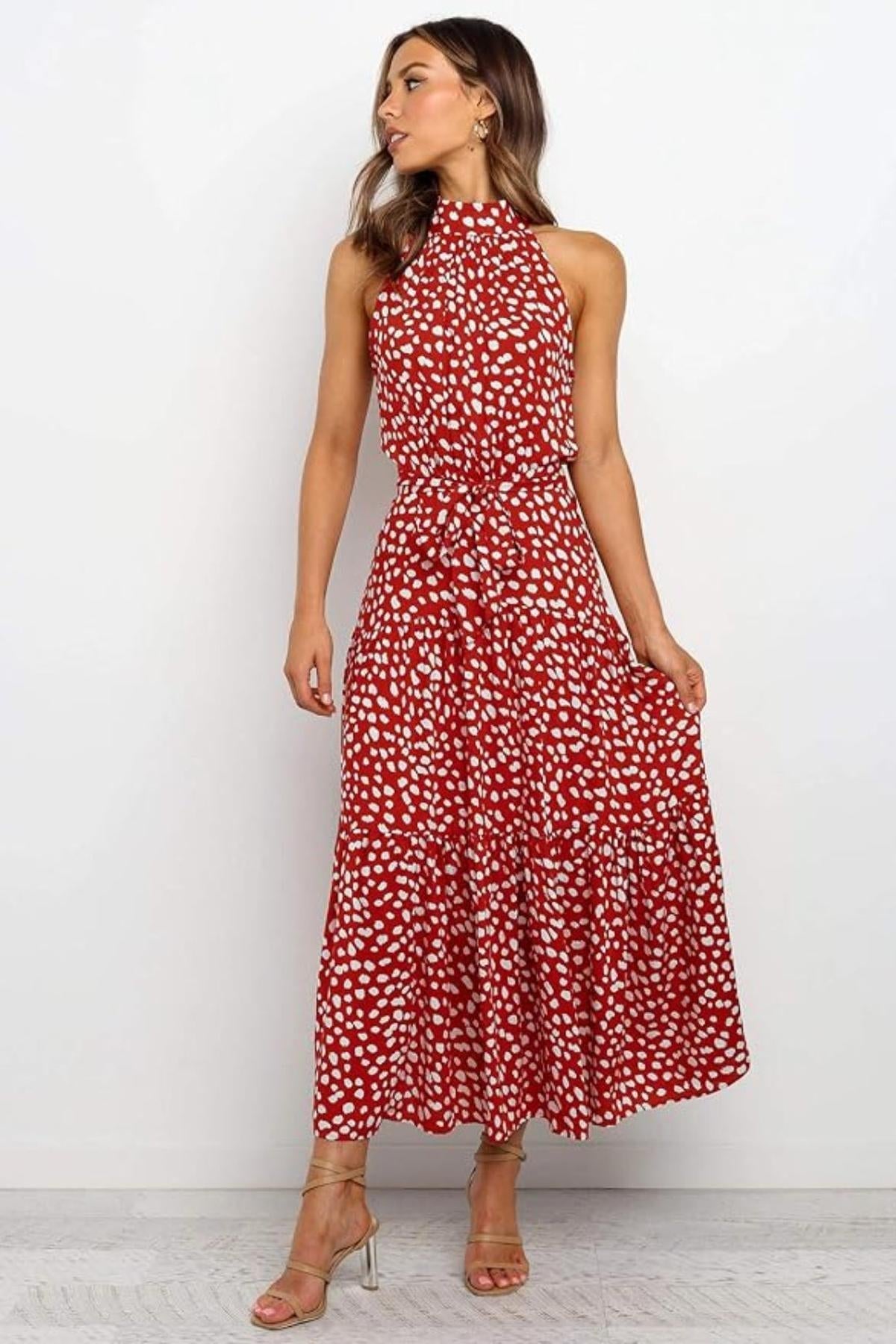 Robe Femme Longue imprimée avec col en ruban et ceinture taille